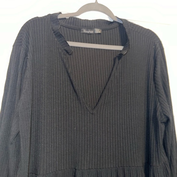Boohoo Black Ribbed Long Sleeve VNeck Dress Size 16 EUC - Picture 2 of 7